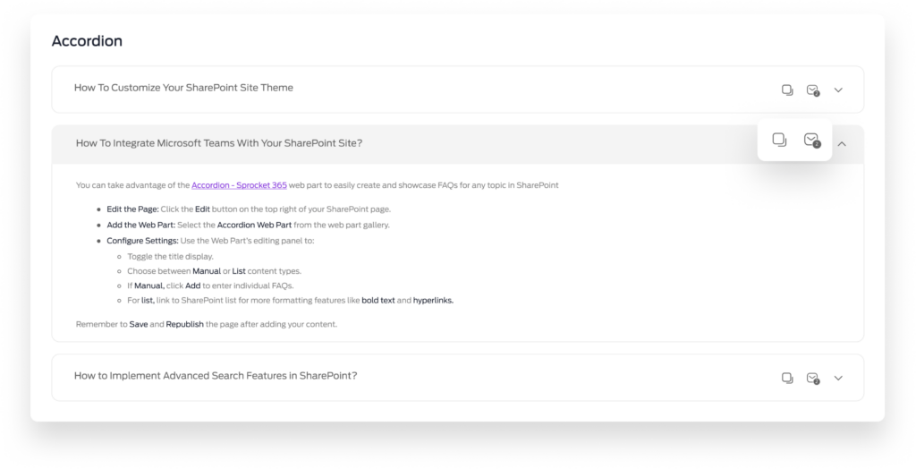 Screenshot showing the use of Accordion Web Part from Sprocket 365 on a SharePoint site, detailing steps for creating collapsible FAQ sections to enhance site usability, with focus on editing, adding, and configuring the web part for improved content management and navigation.