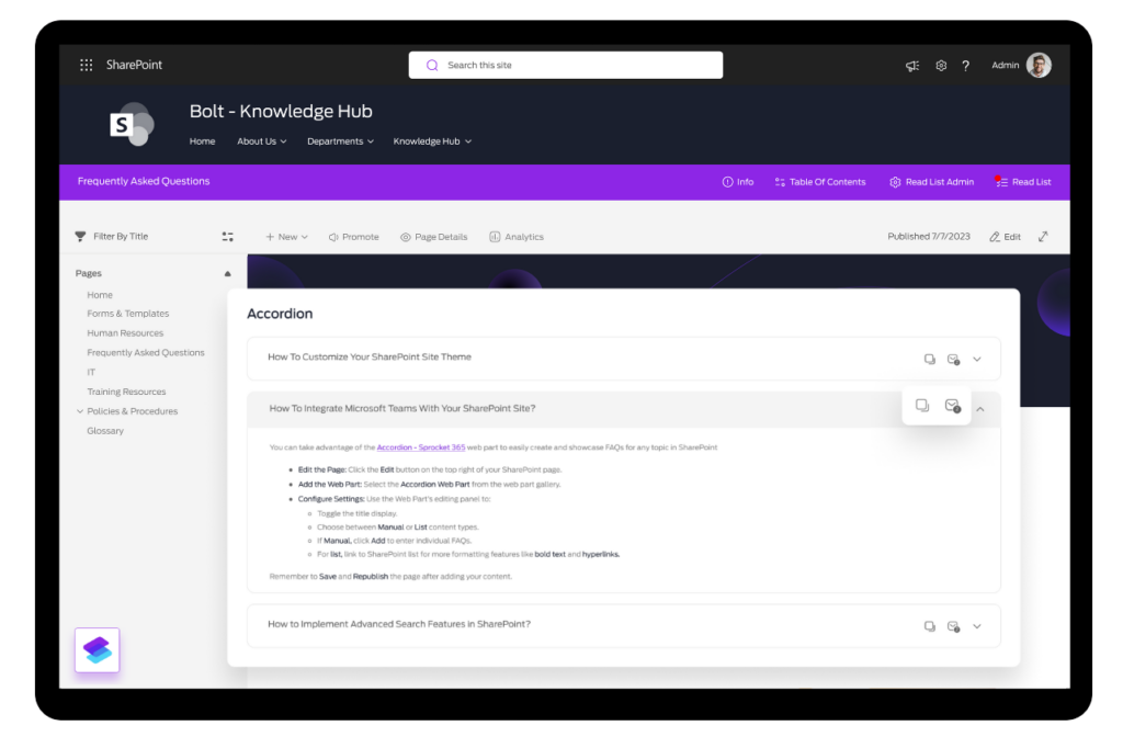 Interface of SharePoint FAQ Web Part on a desktop screen, showing the Accordion - Sprocket 365 web part with steps on how to edit the page, add the web part, and configure settings for a streamlined content organization