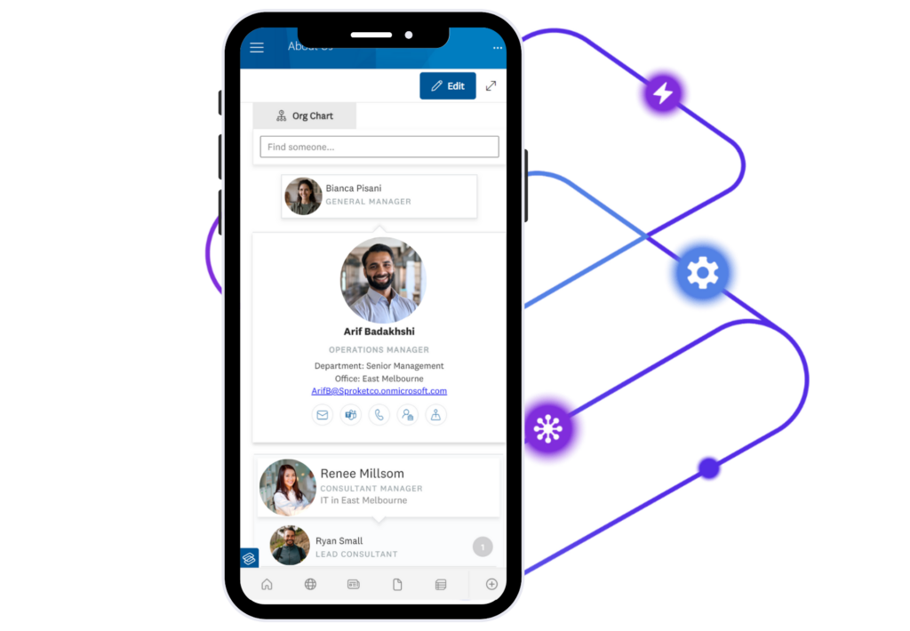 Mobile display of the 'Org Browser' feature within the People Hub of a corporate SharePoint site. The interface shows profile cards with photos and titles of employees, such as a General Manager and an Operations Manager, along with their department and office location. The Operations Manager's card is expanded to reveal contact information and an email address. The background suggests a network of connections with abstract shapes and lines, symbolizing the organizational structure.