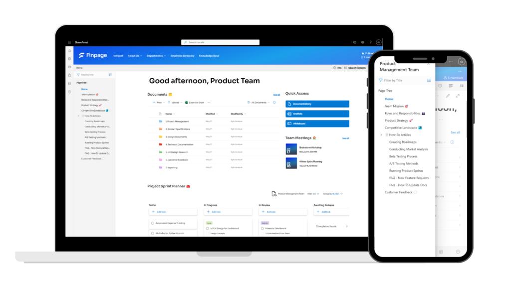 Responsive SharePoint team site example shown on a desktop, tablet, and smartphone. The interface is designed for a product management team and includes sections like Documents and Quick Access. The adaptable layout maintains a streamlined page tree menu visible across all devices, facilitating team collaboration.