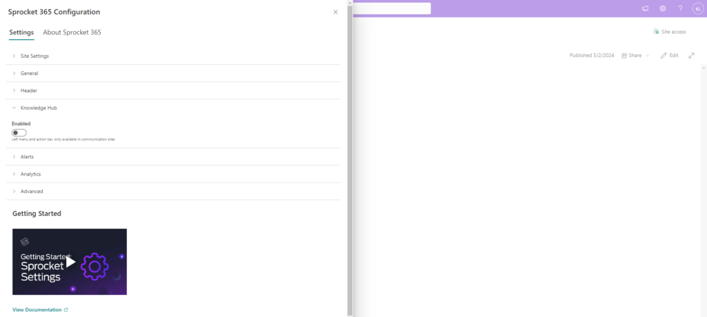 Screenshot of the Sprocket 365 configuration settings within a SharePoint wiki, showing the Knowledge Hub feature being enabled, enhancing the management and functionality of the SharePoint wiki platform