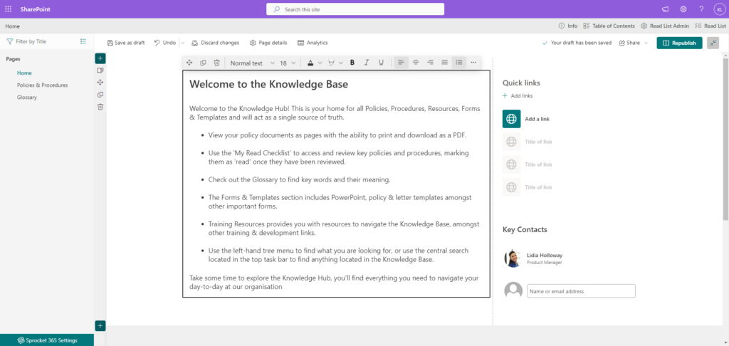 Screenshot of a SharePoint wiki page setup in Sprocket 365, showcasing the addition of web parts like text, quick links, and key contacts. The interface features drag-and-drop tree hierarchical navigation, allowing for easy customization and organization of the wiki's structure and content.