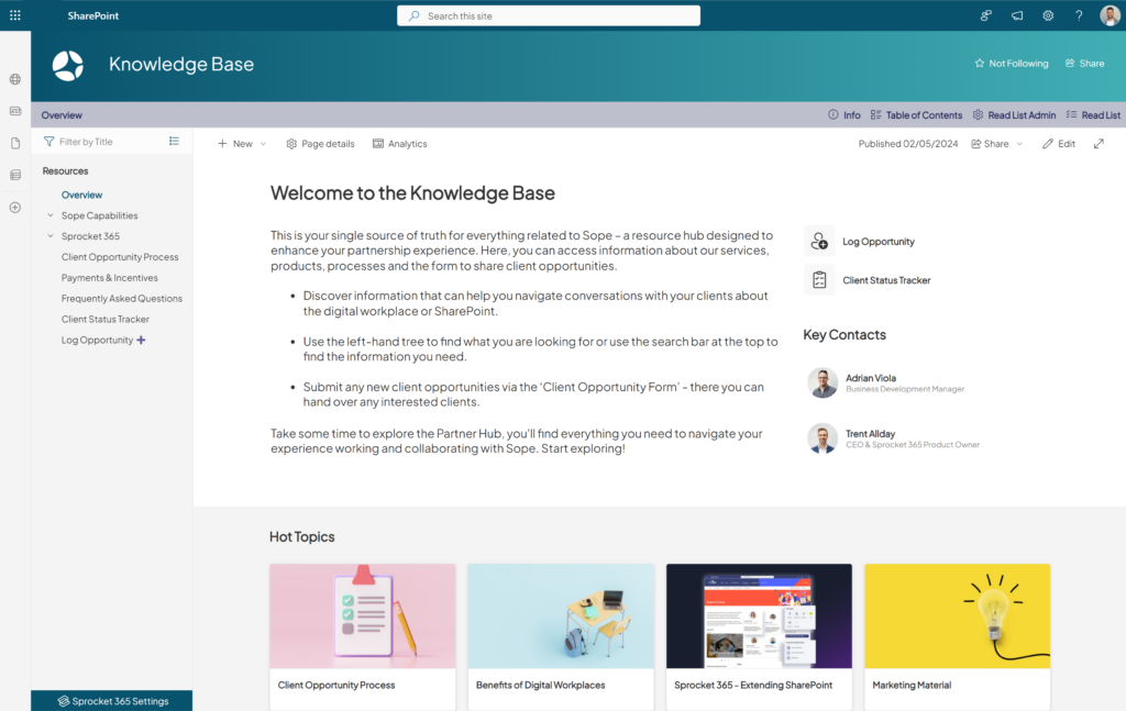 Interface of a SharePoint wiki enhanced by Sprocket 365, displaying a comprehensive knowledge base dashboard. Features include drag-and-drop tree hierarchical navigation for easy organization, alongside sections like client opportunity process and key contacts, designed to streamline the management and accessibility of information.